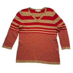 Jones New York Sport M Red/Tan Striped 3/4 Sleeve Vneck Sweater